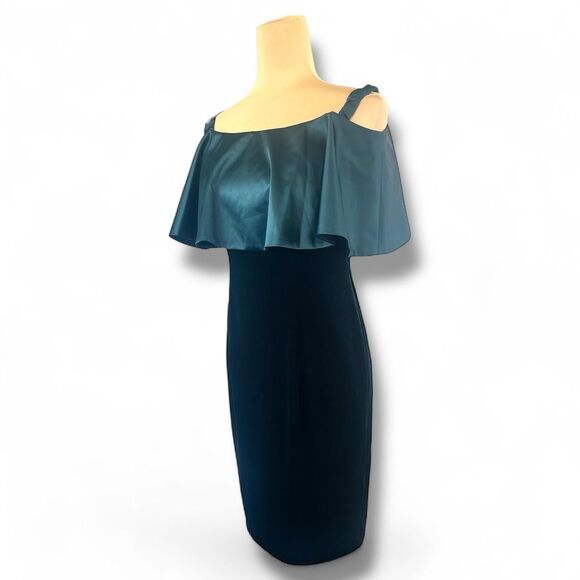 Adrianna-papell Velvet Green Dress Hoilday Cold Shoulder Vintage Classic Size 4 - Picture 1 of 6